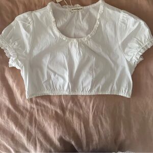 My mum made it White Lace-Trim Cropped Puff Sleeve Top